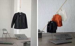 Two images, Left- Black Vans Jacket hanging on a hanger, Right- Three Vans shirts on hangers in black,orange and cream