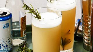 two tall glasses filled with orange-ish liquid topped with egg-white foam and a rosemary sprig
