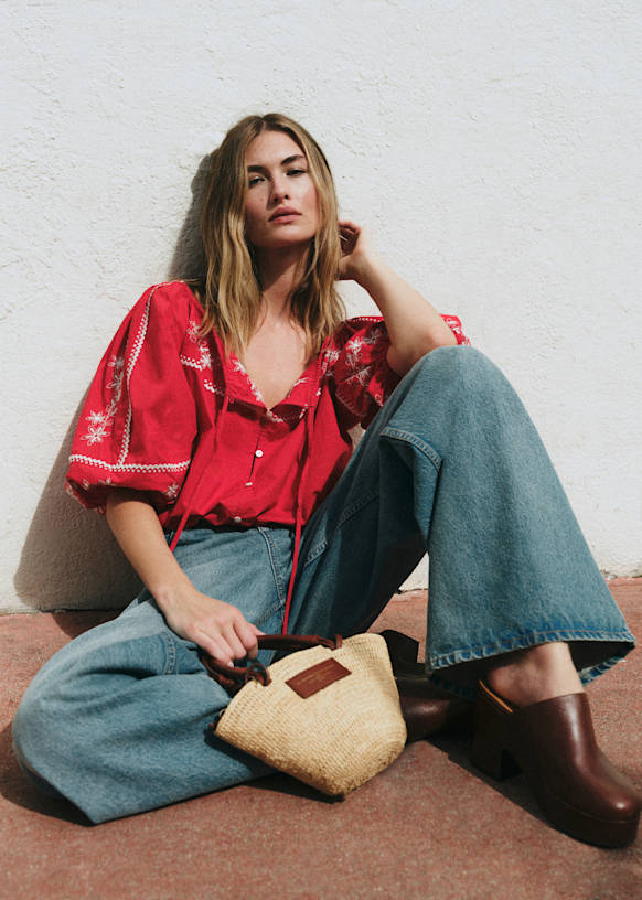 Camelia Shirt - Ecru Red Background - Organic Cotton - S&amp;eacute;zane