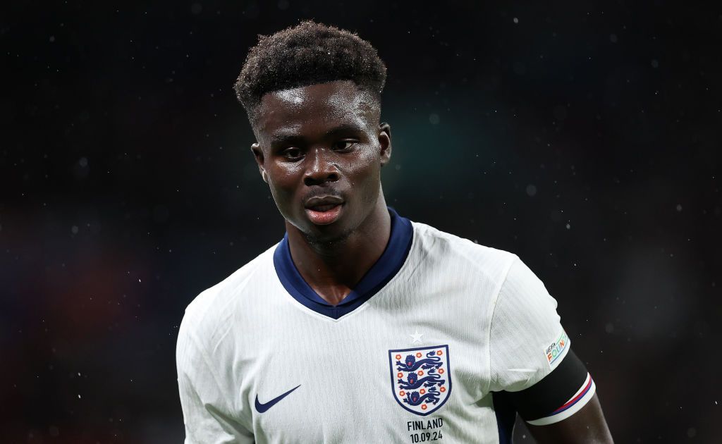 LONDON, ENGLAND - SEPTEMBER 10: Bukayo Saka of England during the UEFA Nations League 2024/25 League B Group B2 match between England and Finland at on September 10, 2024 in London, England. (Photo by Julian Finney/Getty Images) Why are England wearing black armbands against Greece