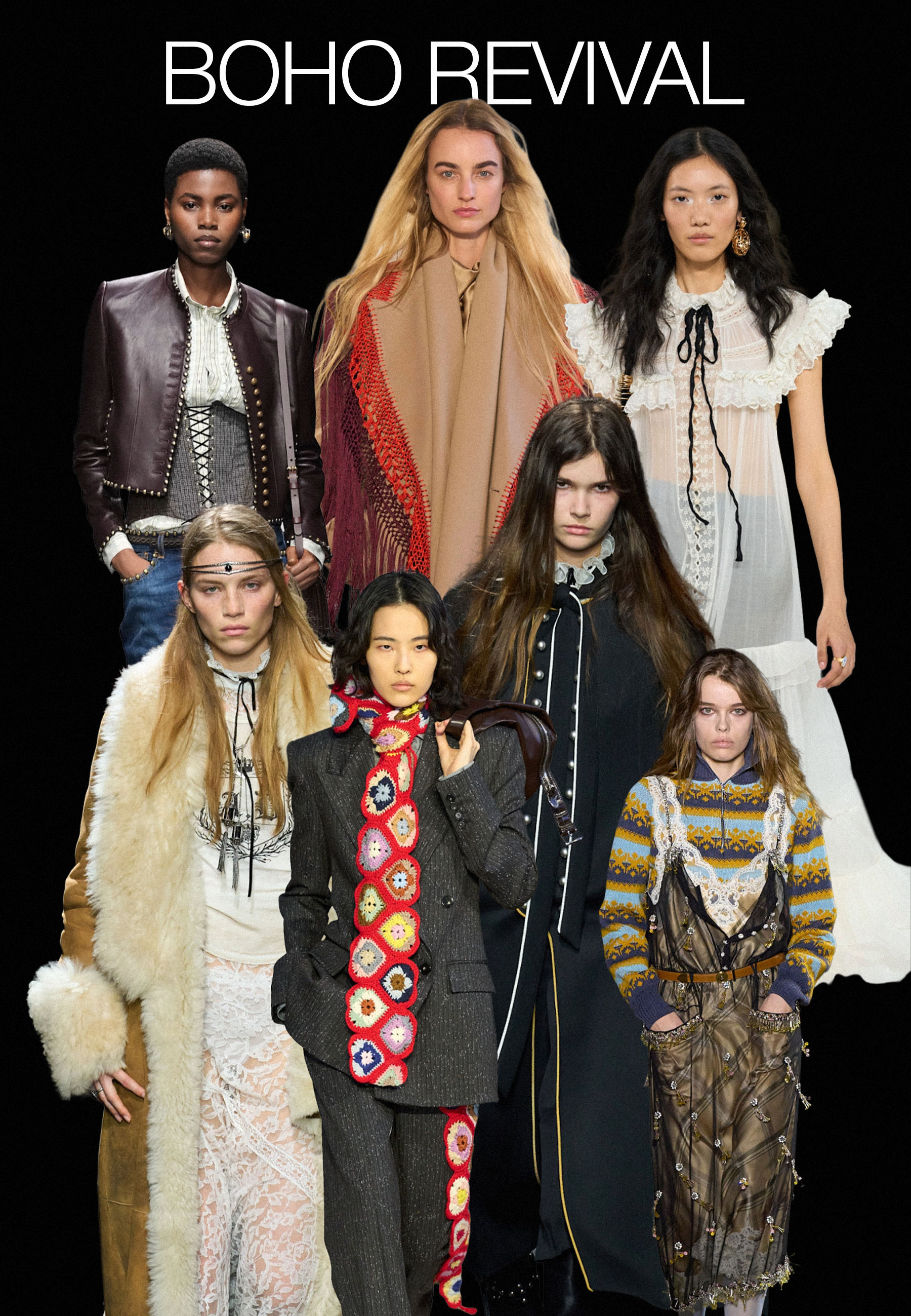 Collage of models on the autumn/winter 2026 runways at Chloe, Rabanne, Ann Demeulemeester, Stella McCartney, Gabriela Hearst wearing the boho revival trend.