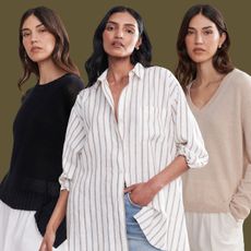 Jenni Kayne E-Commerce Models Wearing Linen Button Down and Cashmere Sweaters