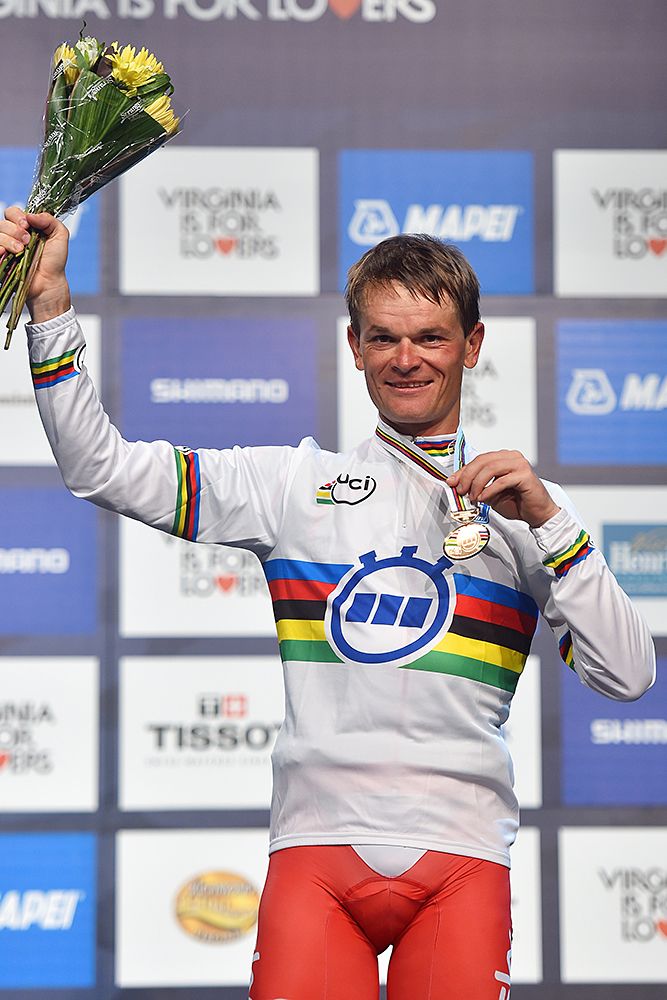 Vasil Kiryienka (Belarus) all smiles on the podium after winning the time trial in Richmond