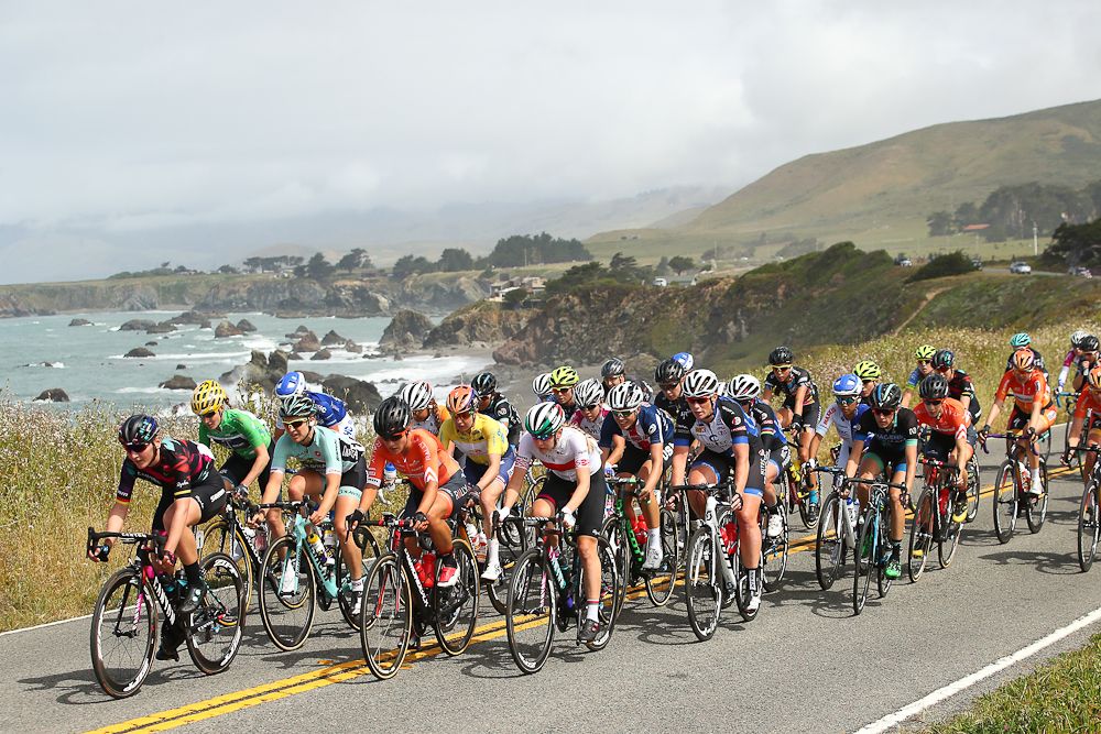 The peloton rolls along the coast during the Tour of California