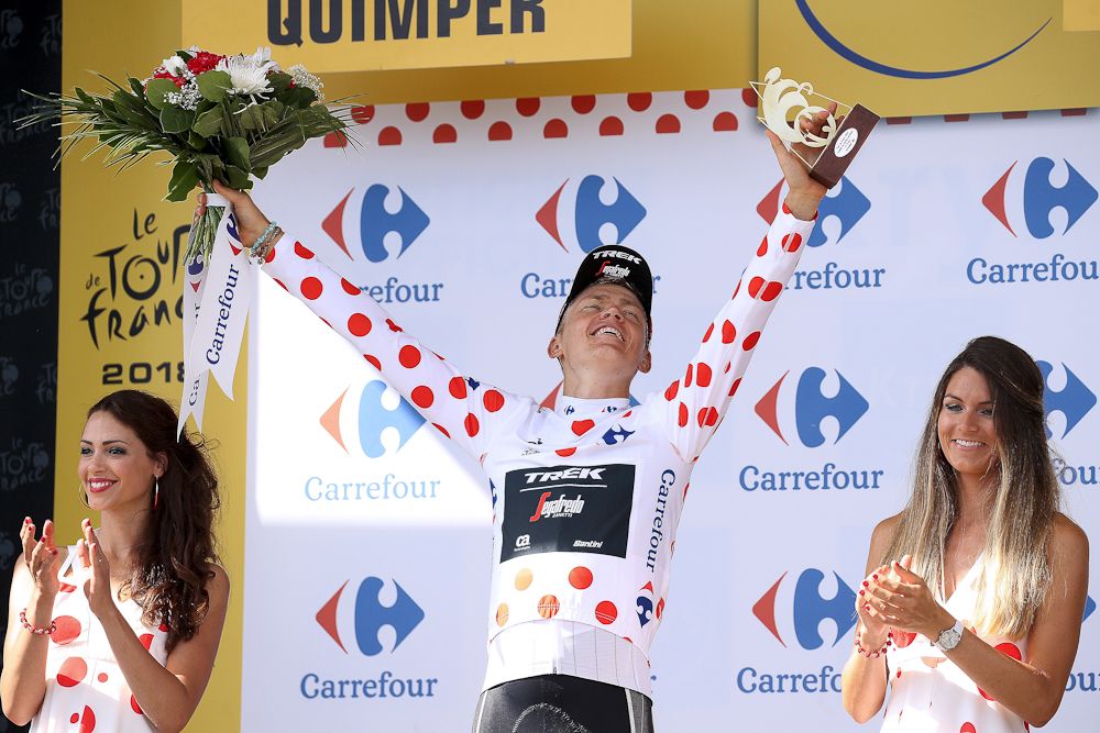 Tom Skujins in polka dots after stage 5 at the Tour de France