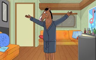 Bojack Horseman is wearing a robe and has his arms open, in his trailer