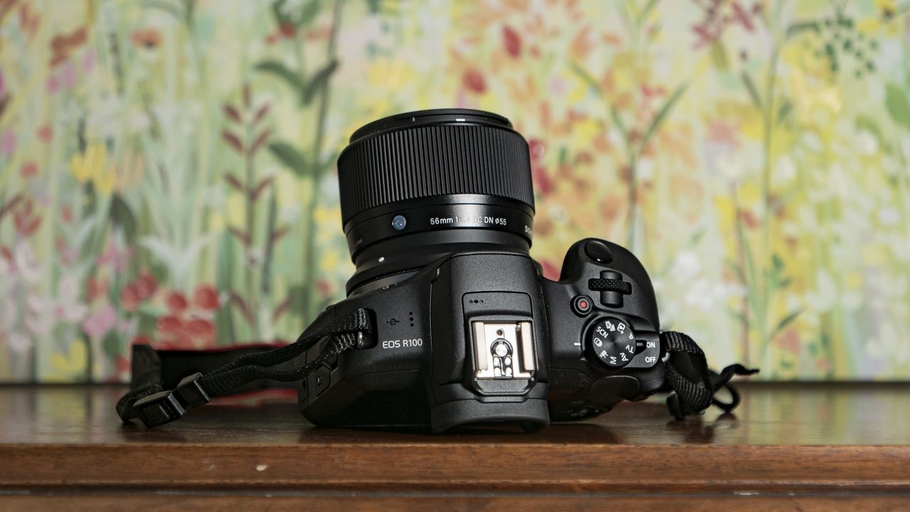 Sigma 56mm F1.4 DC DN Contemporary lens attached to a Canon EOS R100, on a wooden surface with floral backrop
