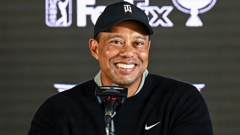 Tiger Woods speaks at a press conference before the 2022 Genesis Invitational