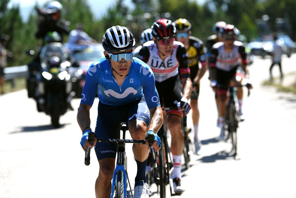 MOS SPAIN SEPTEMBER 04 Miguel ngel Lpez Moreno of Colombia and Movistar Team competes in the chase group during the 76th Tour of Spain 2021 Stage 20 a 2022km km stage from Sanxenxo to Mos Alto Castro de Herville 502m lavuelta LaVuelta21 on September 04 2021 in Mos Spain Photo by Tim de WaeleGetty Images