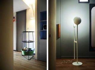Left: Charpin's 'Zana' side table for Ligne Roset. Right: The designer's 'Mini Eclipse' standing lamp for Galerie Kreo.