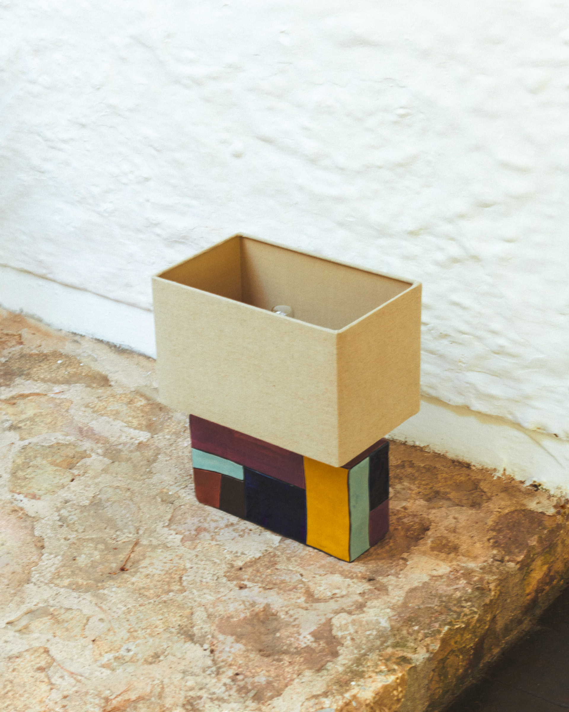 lamp with ceramic patchwork base and rectangular shade