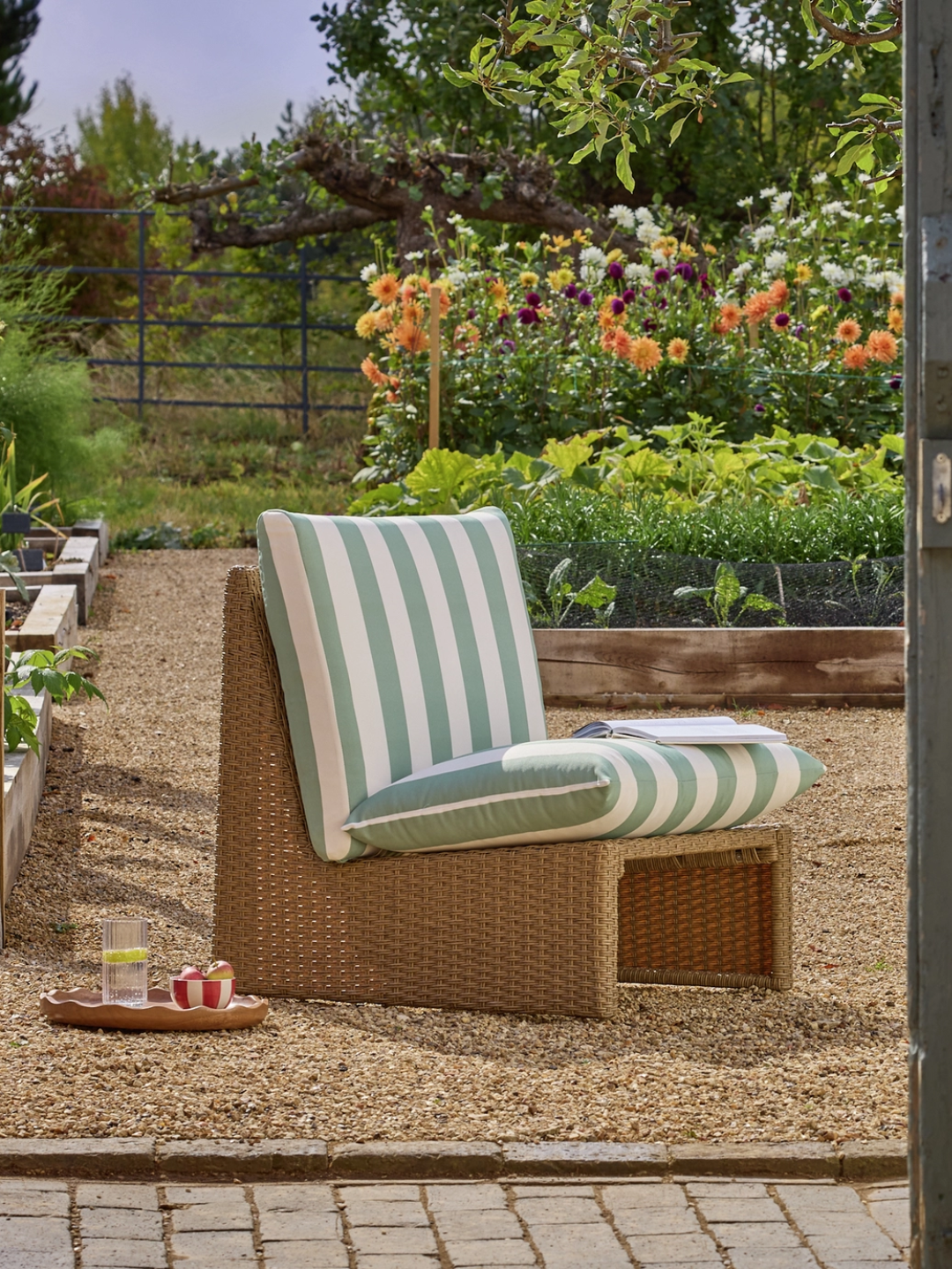 An ivy stripe rattan accent chair from Habitat in a garden