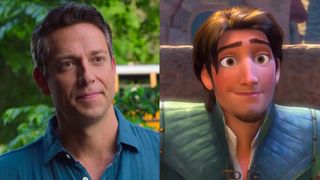 Zachary Levi in The Unbreakable Boy/ Flynn Rider smiling in Tangled animated movie (side by side image) 