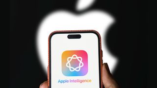 Apple Intelligence logo on iPhone with Apple logo in background