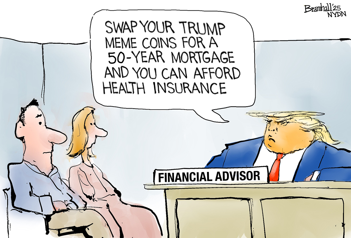 A man and a woman sit with Donald Trump, who&amp;rsquo;s behind a desk working as a financial advisor. Trump says, &amp;ldquo;Swap your Trump meme coins for a 50-year mortgage and you can afford health insurance.&amp;rdquo;