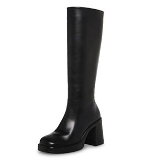 Sovanyou Black Leather Boots Platform Knee High Boots for Women Chunky Block Heeled Boots Square Toe Go-Go Boot High Heel Tall Boots Side Zip