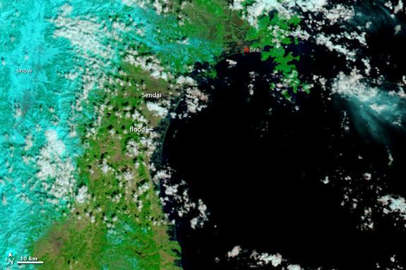 This image from NASA's Terra Satellite shows extensive flooding along Japan's northeastern coast near the city of Sendai after a massive tsunami caused by the 8.9-magnitude earthquake that struck the country on March 11, 2011. This image was taken by Terra's MODIS instrument on March 12. CREDIT: MODIS Rapid Response Team/NASA GSFC