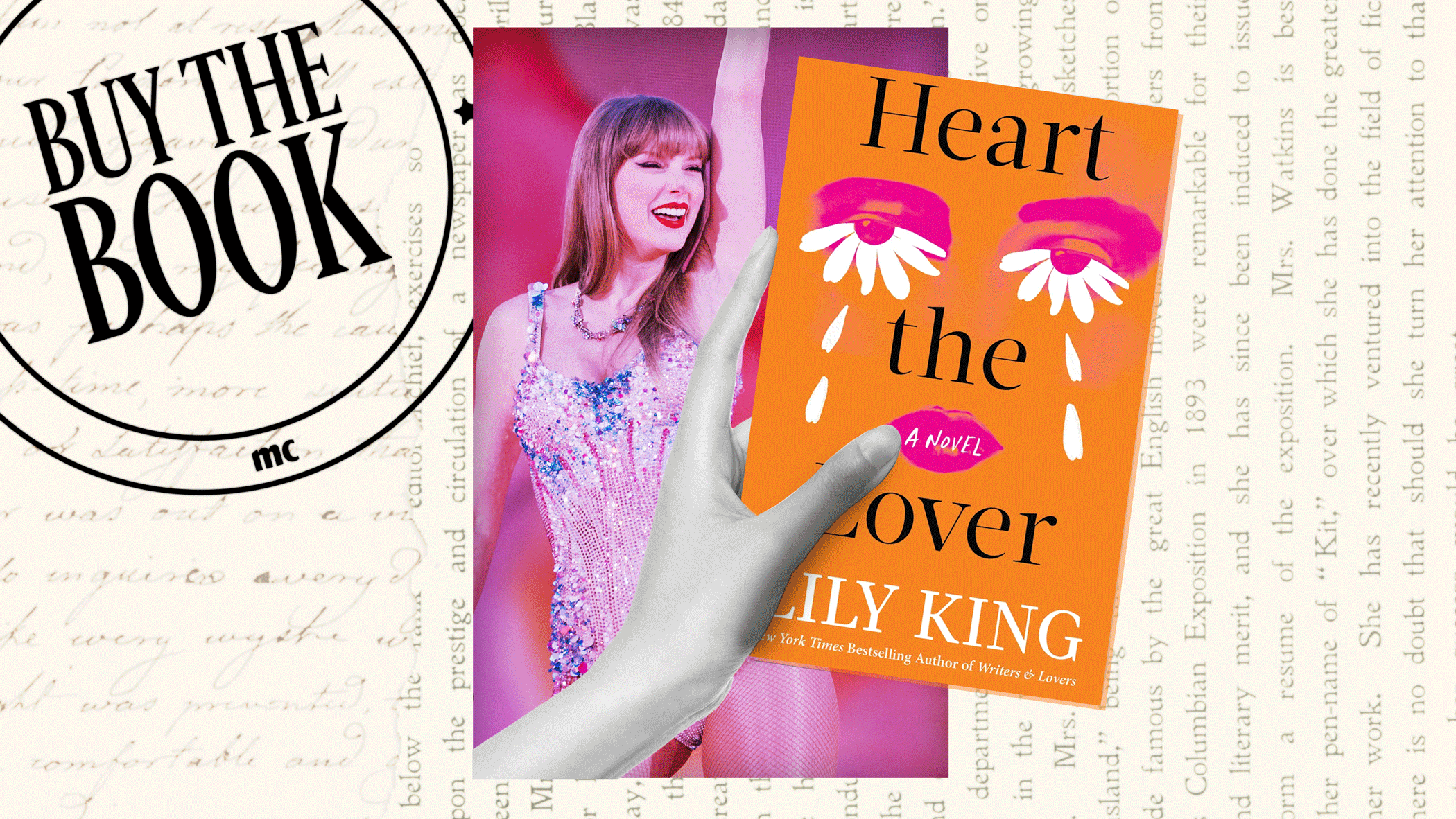 an image of taylor swift on the eras tour with a gif of book covers over her