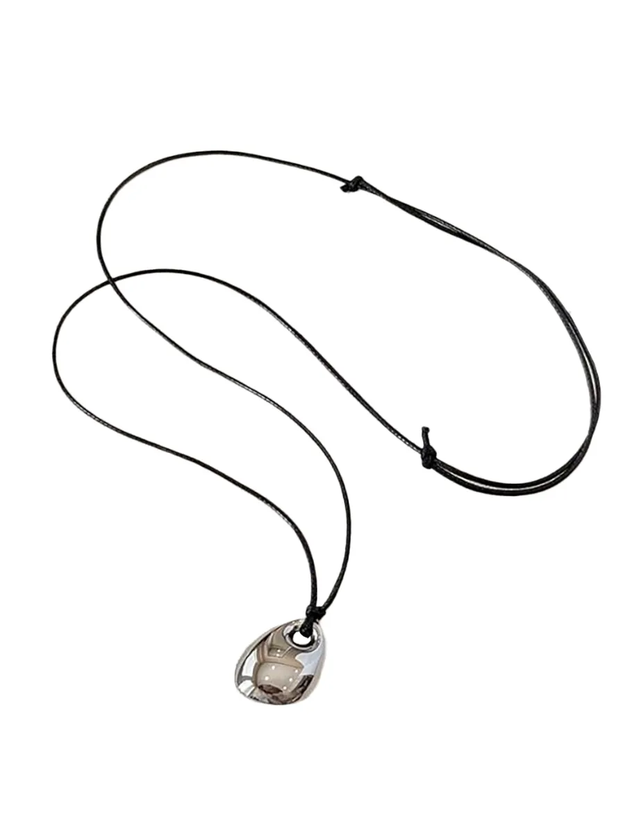 Alljunction Leather Cord Tear Drop Necklace for Women Black Goth Long Simple Rope Chain and Gold Silver Teardrop Bean Pendant Choker Necklace Boho Jewelry Trendy (silver)