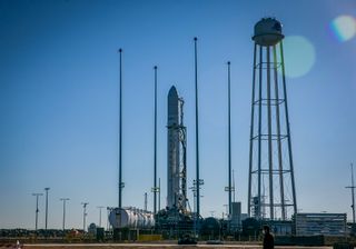 A Northrop Grumman Antares rocket and Cygnus NG-15 cargo resupply spacecraft stand ready for launch at NASA's Wallops Flight Facility in Virginia, on Feb. 16, 2021. The NG-15 mission is scheduled to launch to the International Space Station on Saturday, Feb. 20.