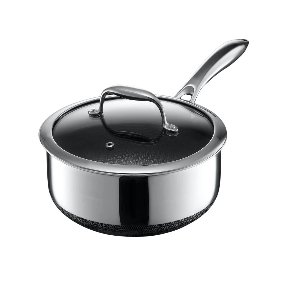 Stainless steel HexClad saucepan with glass lid