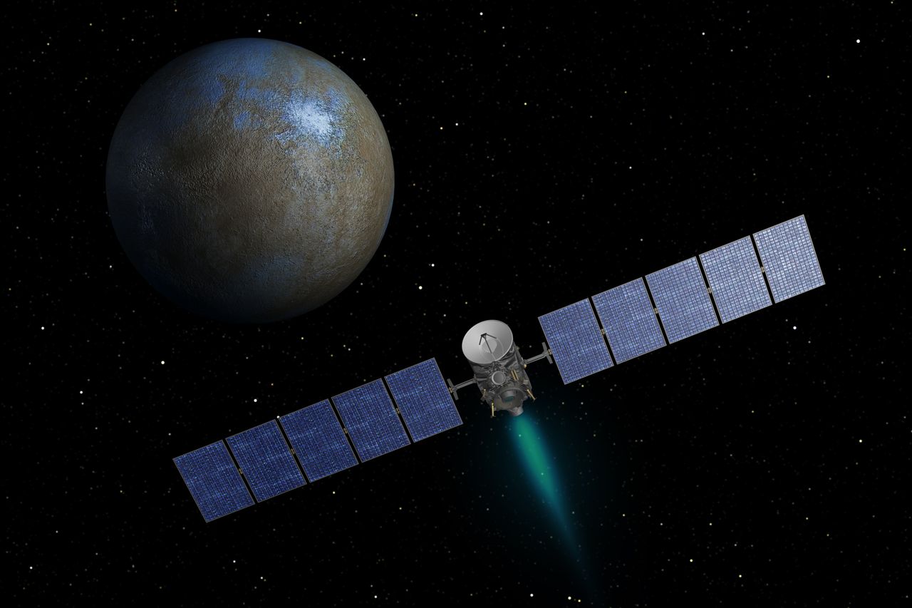 This artist's concept shows NASA's Dawn spacecraft heading toward the dwarf planet Ceres. Dawn spent nearly 14 months orbiting Vesta, the second most massive object in the main asteroid belt between Mars and Jupiter, from 2011 to 2012. It is heading towards Ceres, the largest member of the asteroid belt. When Dawn arrives, it will be the first spacecraft to go into orbit around two destinations in our solar system beyond Earth.