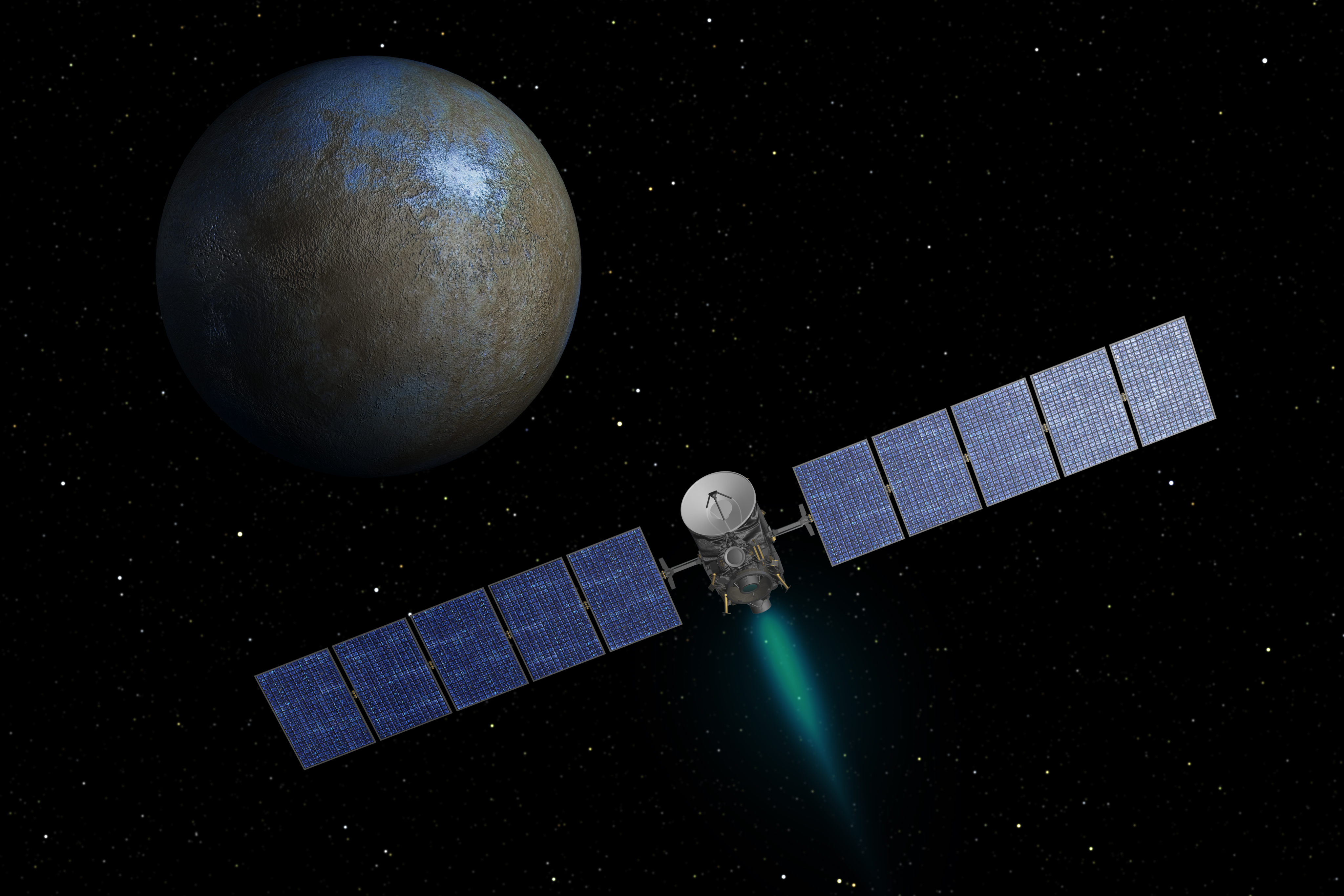 This artist's concept shows NASA's Dawn spacecraft heading toward the dwarf planet Ceres.