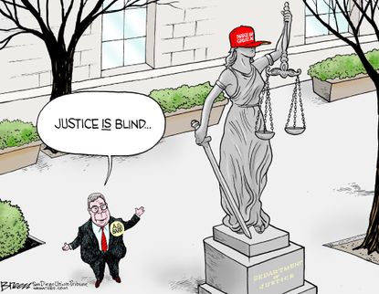 Political Cartoon U.S. William Barr Lady Justice Is Blind MAGA Hat