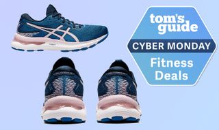 Cyber Monday badge top right and Asics running shoes