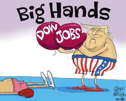 Political cartoon U.S. Trump Dow jobs