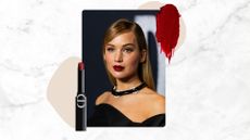 Jennifer Lawrence is pictured wearing a black dress and dark red lipstick at the "Die My Love" New York premiere at AMC Lincoln Square Theater on November 01, 2025 in New York City/ in a grey and white marbled template alongside a product shot of the Rouge Dior On Stage Shine Lipstick in 550 Red Shock and a stock image of a dark red lipstick swatch.