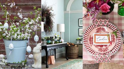 Three different easter decor types: blossom in a pail, an entryway, place setting