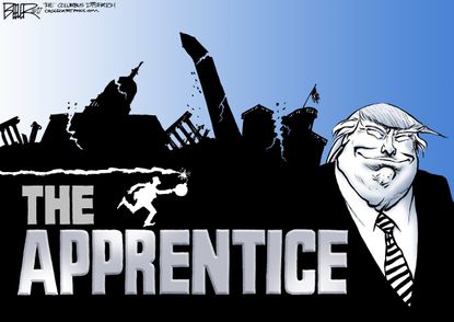 Political cartoon U.S. Trump White House chaos Apprentice you're fired