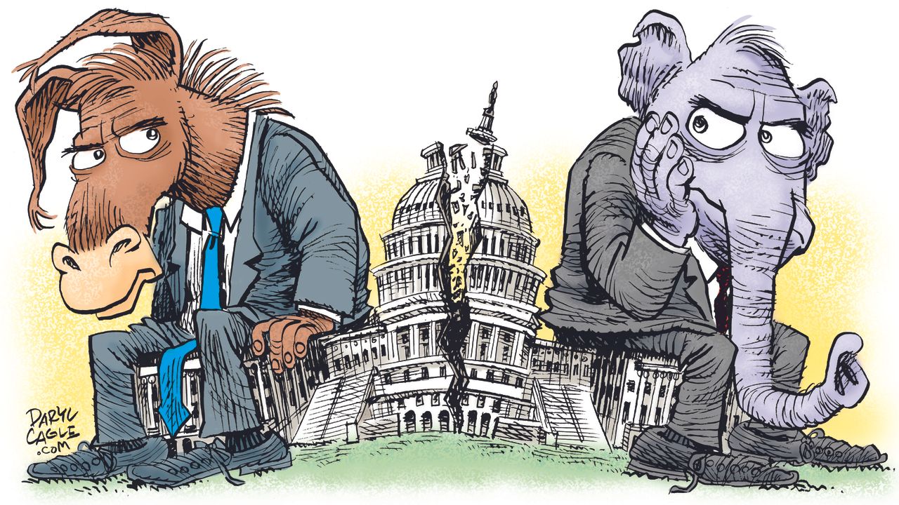 Political cartoon U.S. split Capitol Democrat Republican midterm elections