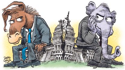 Political cartoon U.S. split Capitol Democrat Republican midterm elections