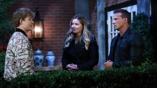 Asher Antonyzyn, Sofia Mattsson and Steve Burton as Danny, Sasha and Jason talking in General Hospital