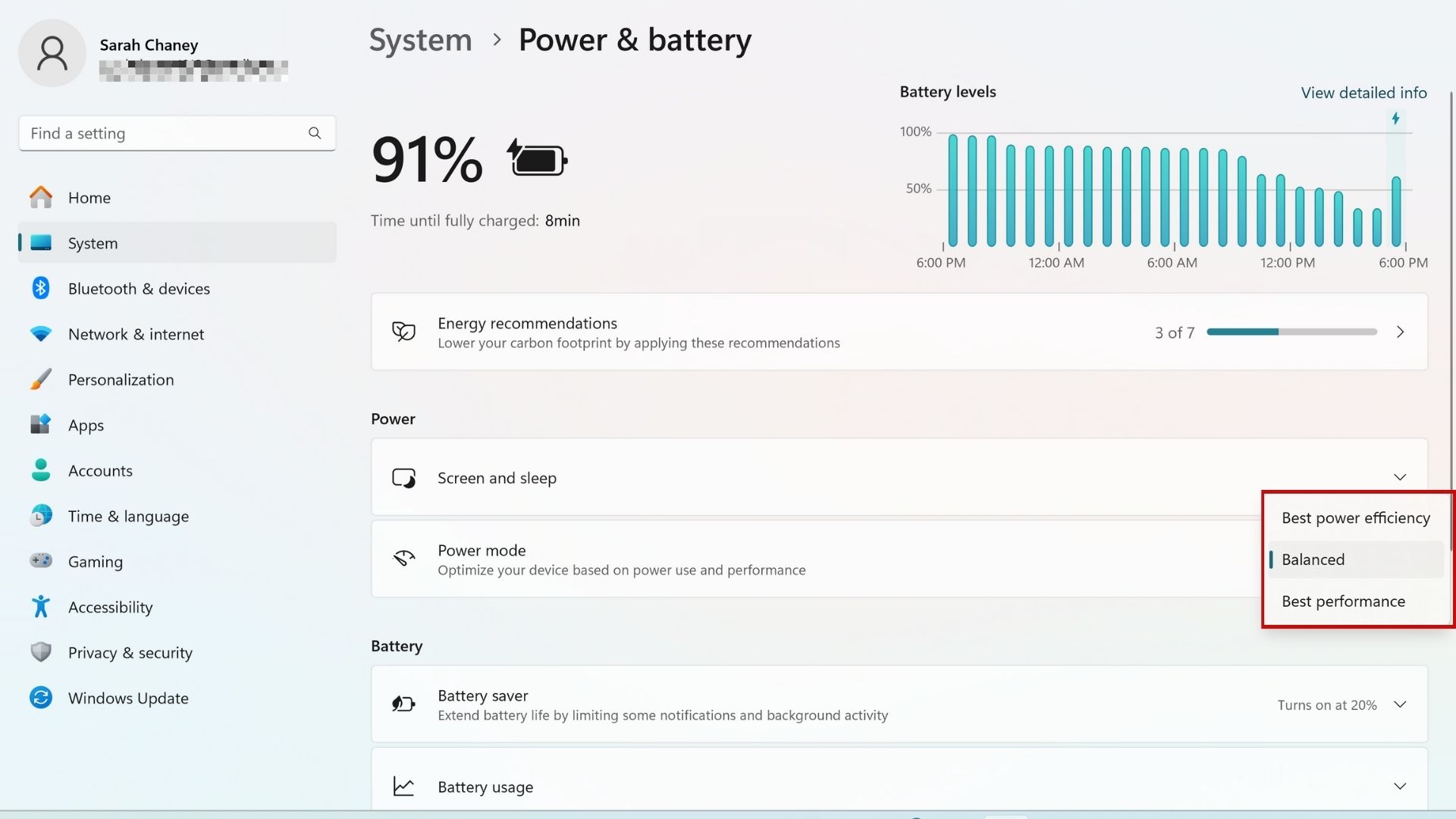 choosing best performance power mode in windows 11