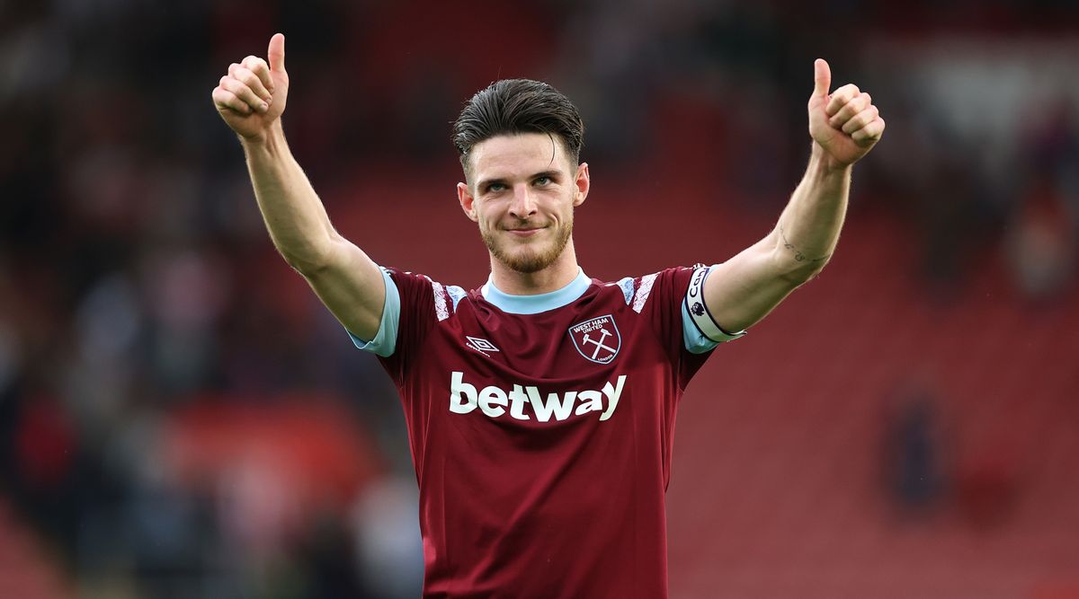 Liverpool have been linked with a move for West Ham United captain Declan Rice, photographed acknowledging the fans with a double thumbs-up after the Premier League match between Southampton and West Ham United on 16 October, 2022 at St Mary&#039;s, Southampton, United Kingdom