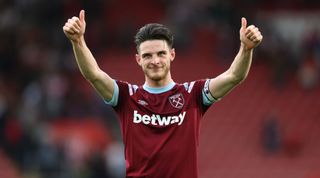 Liverpool have been linked with a move for West Ham United captain Declan Rice, photographed acknowledging the fans with a double thumbs-up after the Premier League match between Southampton and West Ham United on 16 October, 2022 at St Mary's, Southampton, United Kingdom