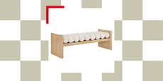 wooden bench with white boucle cushion