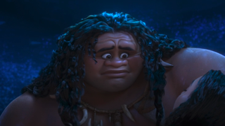 Dwayne Johnson's Maui looking at a dead Moana in Moana 2