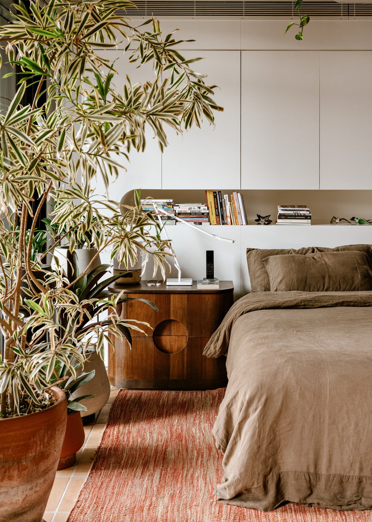 A bedroom with large indoor trees in terracotta pots