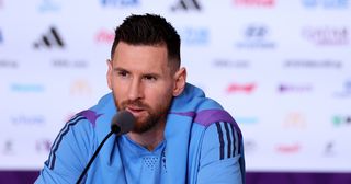 Lionel Messi of Argentina attends the post match press conference after the penalty shootout win during the FIFA World Cup Qatar 2022 quarter final match between Netherlands and Argentina at Lusail Stadium on December 09, 2022 in Lusail City, Qatar.