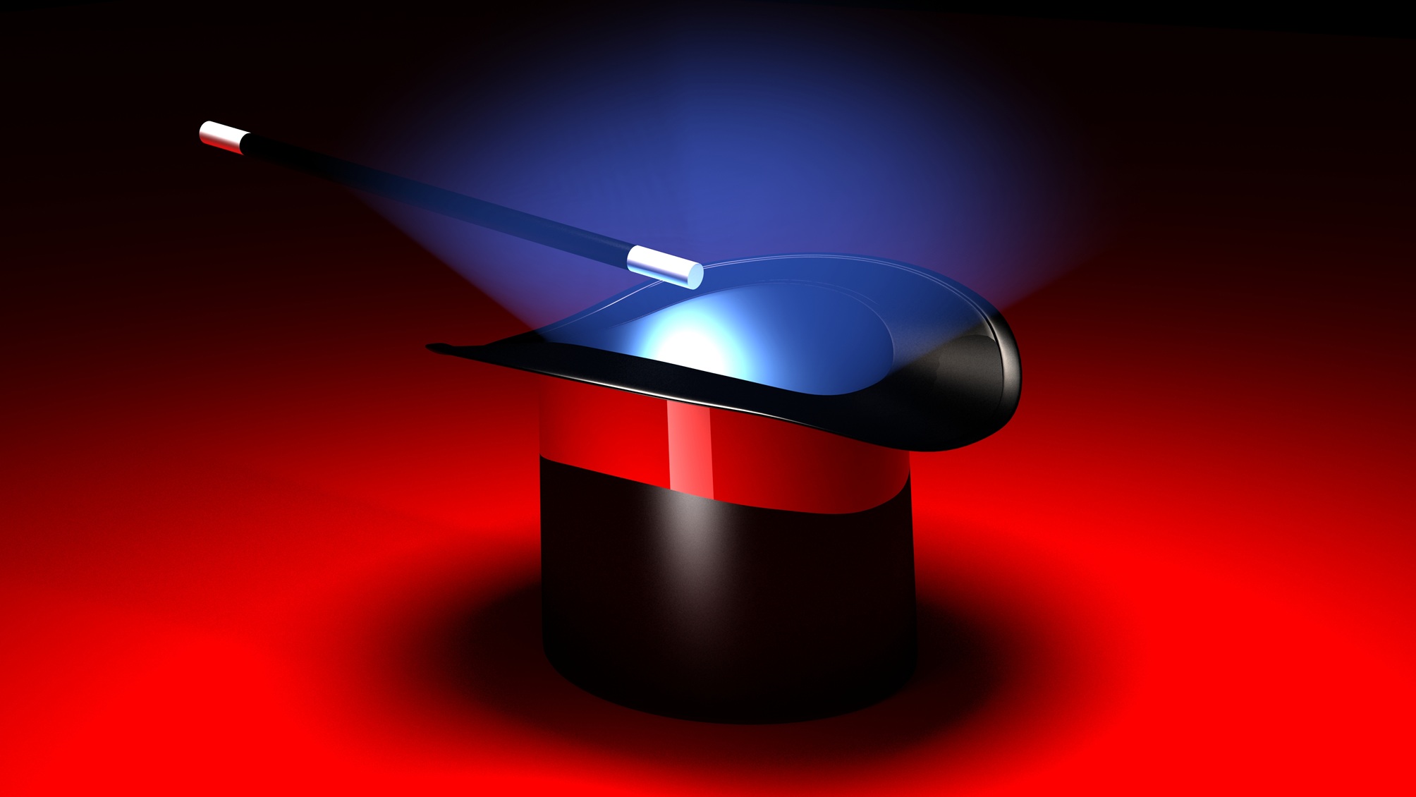 A magic wand hovers over a black top hat against a red background.