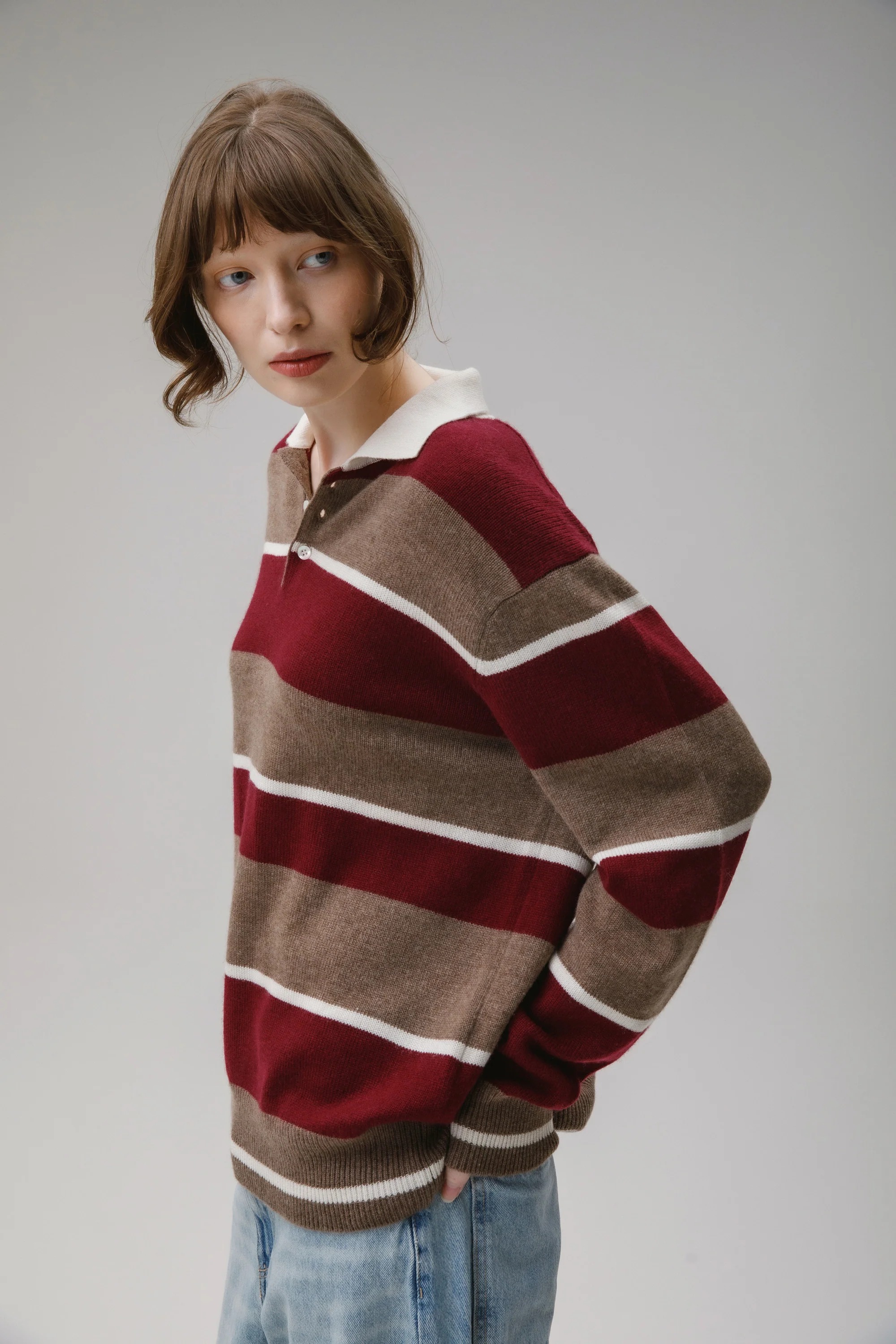 Unisex Stripe Rugby Cashmere Shirt - Squirrel- Xs