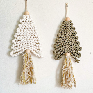 Pair of macrame Christmas ornaments in natural and sage green