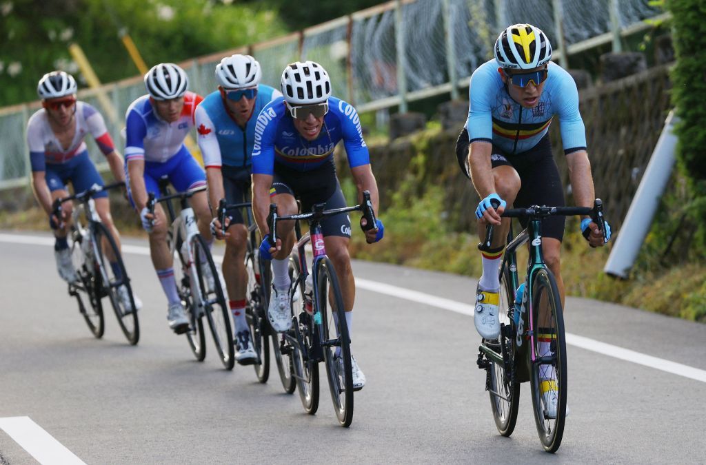 Belgiums Wout van Aert R and Colombias Rigoberto Uran 2R lead a breakaway during the mens cycling road race of the Tokyo 2020 Olympic Games finishing at the Fuji International Speedway in Oyama Japan on July 24 2021 Photo by Tim de Waele POOL AFP Photo by TIM DE WAELEPOOLAFP via Getty Images