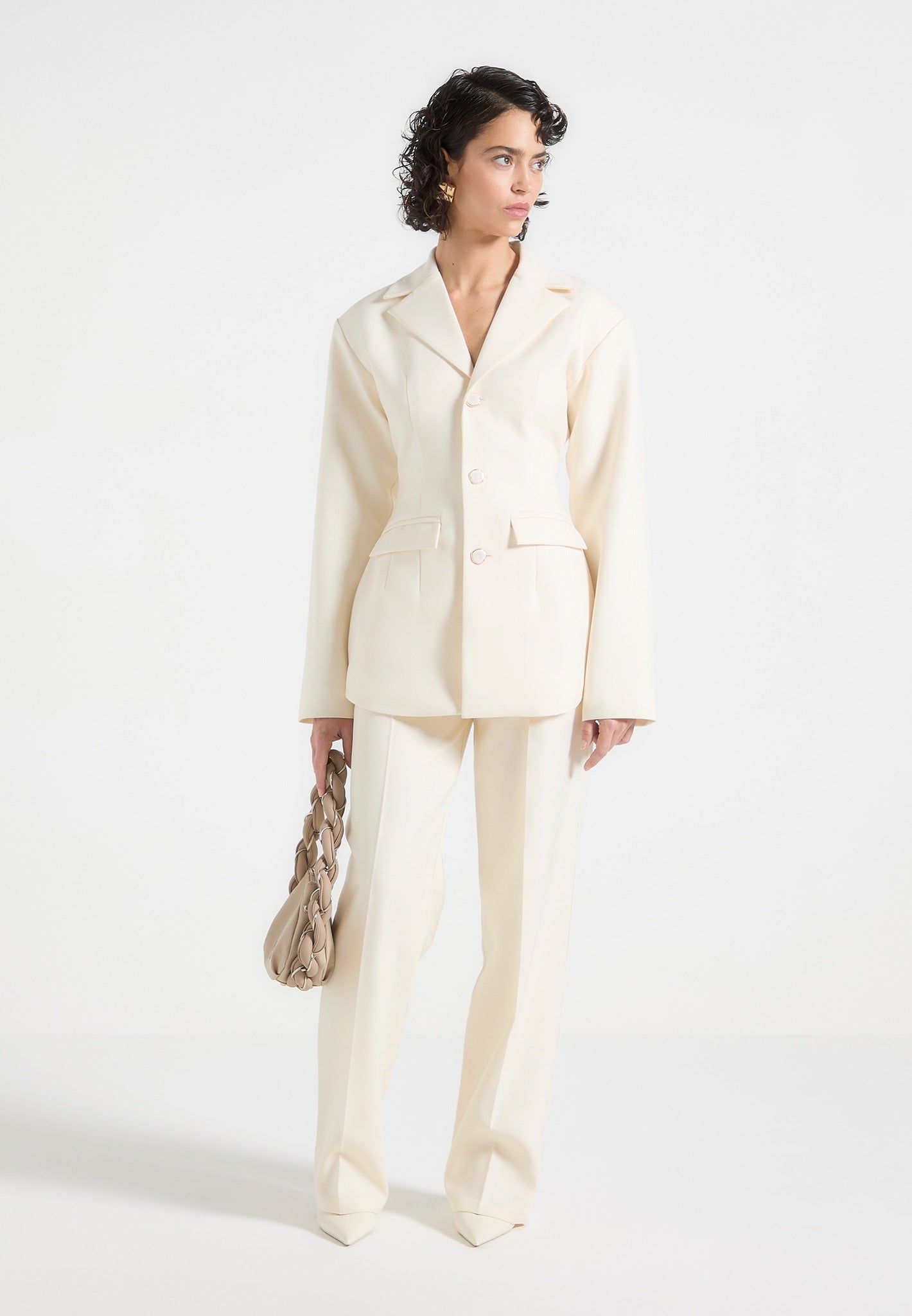 Wide Shoulder Cinch Waist Blazer - Cream