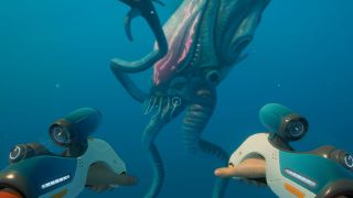 Subnautica 2 Biomods: A player using the Wakemaker looking at a Collector Leviathan in the distance.