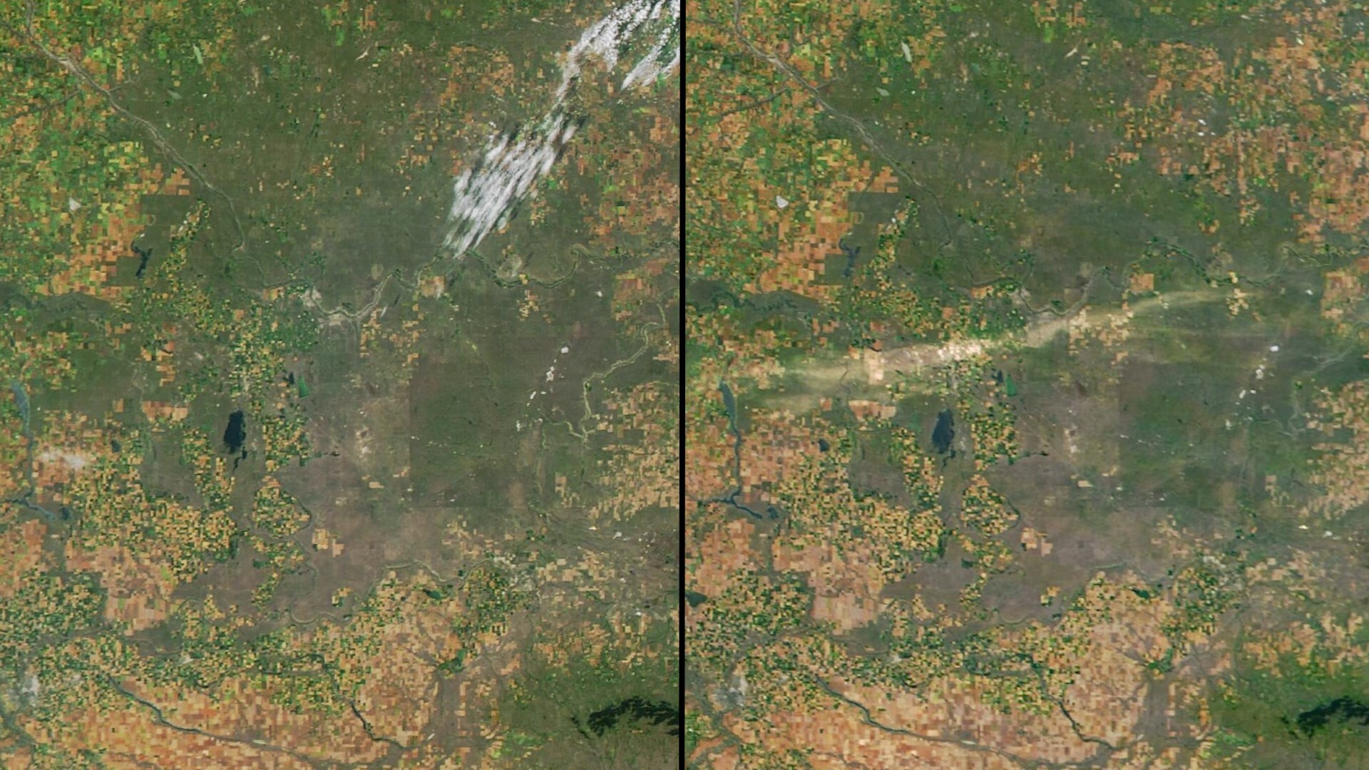 Satellite images of Alberta show a brown and green landscape and another image with a long brown streak across the middle of the landscape where a hailstorm wrecked havoc.